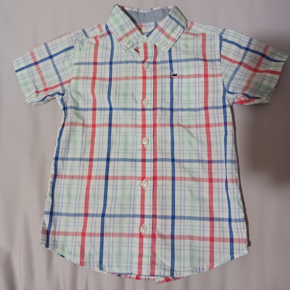 Crown And Ivy Kids 3T Button Down Short Sleeved Shirt White Red Blue Aqua EUC